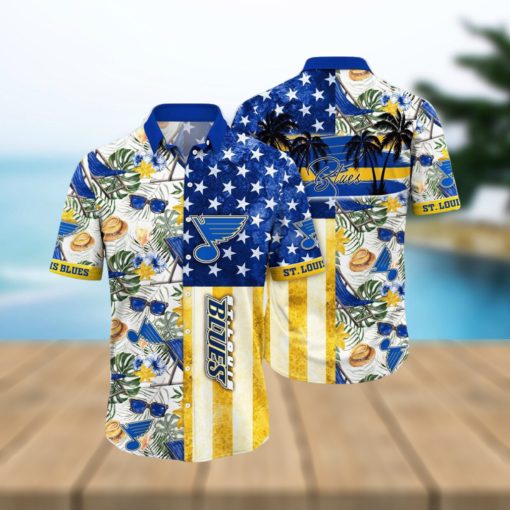 NHL St. Louis Blues Hawaiian Shirt Tropical Hat And Glasses Pattern Summer Hawaiian Shirt