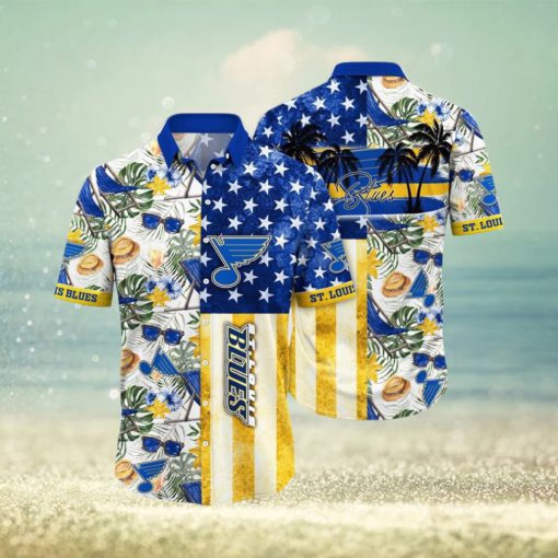 NHL St. Louis Blues Hawaiian Shirt Tropical Hat And Glasses Pattern Summer Hawaiian Shirt