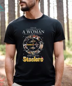 Never Underestimate A Woman Who Is A Fan Of Football And Loves Pittsburgh Steelers Christmas Signatures Shirt