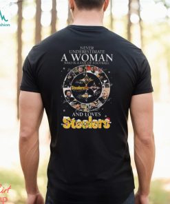 Never Underestimate A Woman Who Is A Fan Of Football And Loves Pittsburgh Steelers Christmas Signatures Shirt