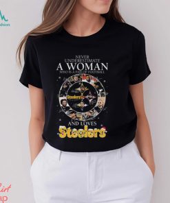 Never Underestimate A Woman Who Is A Fan Of Football And Loves Pittsburgh Steelers Christmas Signatures Shirt