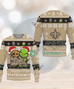 New Orleans Saints Baby Groot And Grinch Ugly Christmas Sweaters