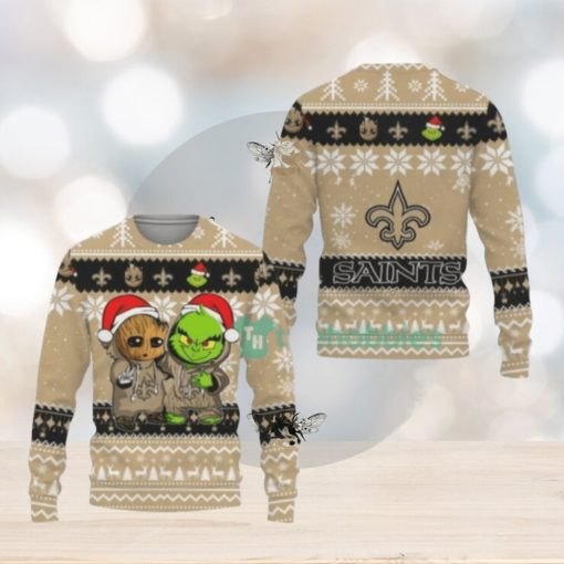 New Orleans Saints Baby Groot And Grinch Ugly Christmas Sweaters