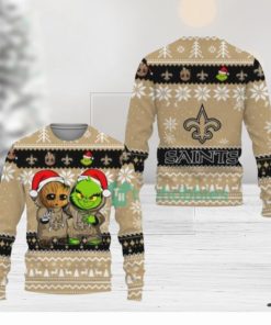 New Orleans Saints Baby Groot And Grinch Ugly Christmas Sweaters