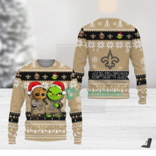 New Orleans Saints Baby Groot And Grinch Ugly Christmas Sweaters