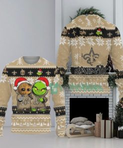 New Orleans Saints Baby Groot And Grinch Ugly Christmas Sweaters