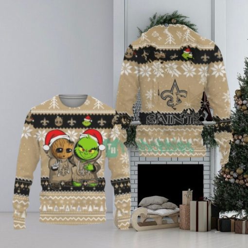 New Orleans Saints Baby Groot And Grinch Ugly Christmas Sweaters