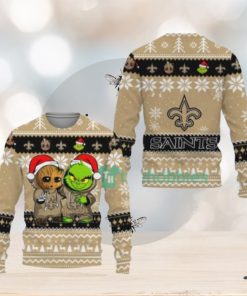 New Orleans Saints Baby Groot And Grinch Ugly Christmas Sweaters