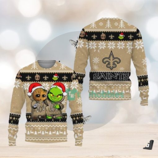 New Orleans Saints Baby Groot And Grinch Ugly Christmas Sweaters