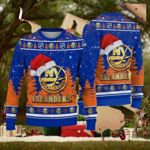 New York Islanders Logo Golden Fans Santa Hat Tree Knitted Christmas Sweater