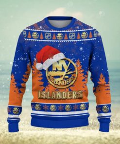 New York Islanders Logo Wearing Santa Hat Trending Christmas Gift AOP Ugly Christmas Sweater Men Women Winter Gift