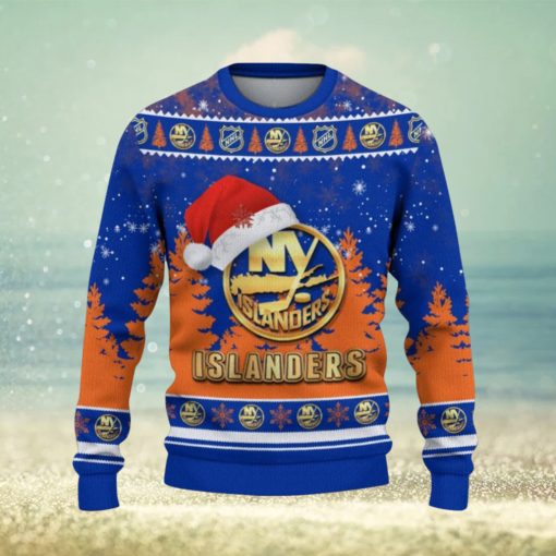 New York Islanders Logo Wearing Santa Hat Trending Christmas Gift AOP Ugly Christmas Sweater Men Women Winter Gift