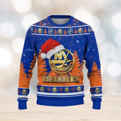 New York Islanders Logo Wearing Santa Hat Trending Christmas Gift AOP Ugly Christmas Sweater Men Women Winter Gift