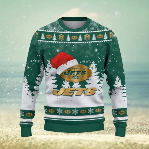 New York Jets Logo Wearing Santa Hat Trending Christmas Gift AOP Ugly Christmas Sweater Men Women Winter Gift