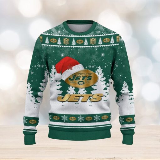 New York Jets Logo Wearing Santa Hat Trending Christmas Gift AOP Ugly Christmas Sweater Men Women Winter Gift