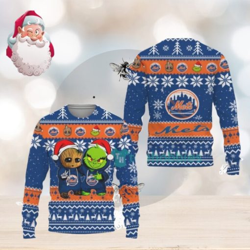 New York Mets Baby Groot And Grinch Best Friends Christmas AOP Sweater