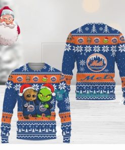 New York Mets Baby Groot And Grinch Best Friends Christmas AOP Sweater