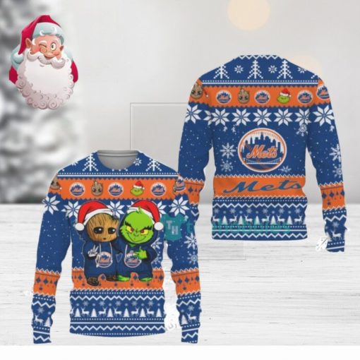 New York Mets Baby Groot And Grinch Best Friends Christmas AOP Sweater