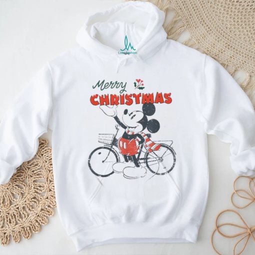 Official A Disney Mickey Mouse Merry Christmas Bicycle Retro Distressed T Shirt