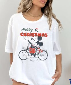 Official A Disney Mickey Mouse Merry Christmas Bicycle Retro Distressed T Shirt