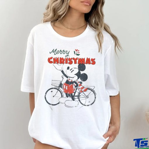 Official A Disney Mickey Mouse Merry Christmas Bicycle Retro Distressed T Shirt