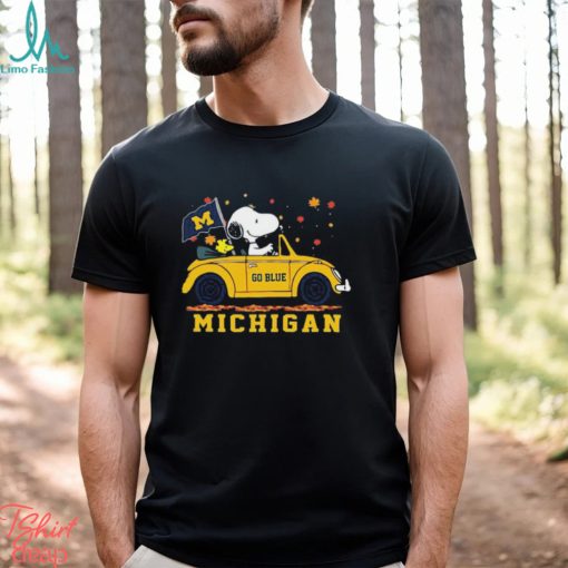 Official Peanuts Snoopy And Woodstock On Car Michigan Wolverines Go Blue Shirt