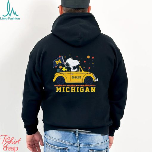 Official Peanuts Snoopy And Woodstock On Car Michigan Wolverines Go Blue Shirt