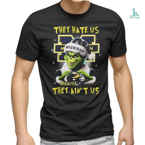 Official Santa Grinch They Hate Us Michigan Wolverines Because They Ain’t Us Love Helmet Christmas T Shirt