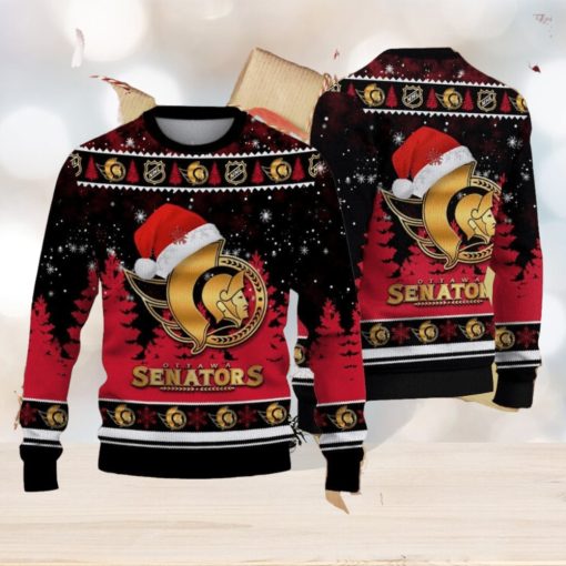 Ottawa Senators Logo Golden Fans Santa Hat Tree Ugly Christmas Sweater