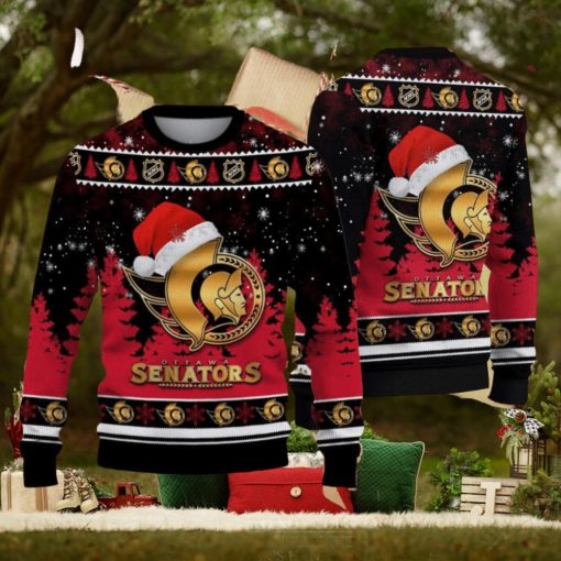 Ottawa Senators Logo Golden Fans Santa Hat Tree Ugly Christmas Sweater