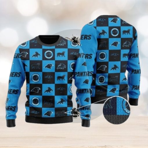 Panthers Logo Checkered Flannel Design Knitted Ugly Christmas Sweater