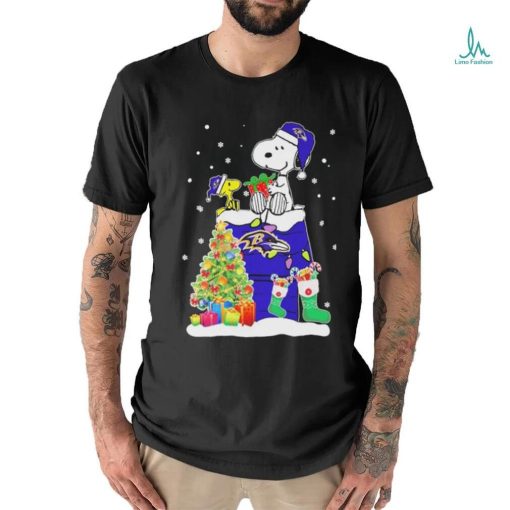 Peanuts Snoopy And Woodstock Baltimore Ravens Merry Christmas Shirt