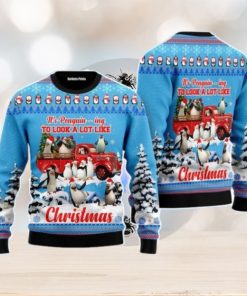 Penguin Riding Red Truck Xmas Merry Christmas Unisex Ugly Sweater