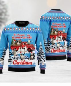 Penguin Riding Red Truck Xmas Merry Christmas Unisex Ugly Sweater