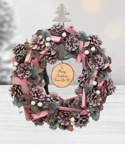 Personalised Luxury Christmas Festive Pink Frosted Wreath 36cm