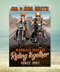 Personalized Biker Couple Poster Marriage Chapter Riding Together Desert Highway Background