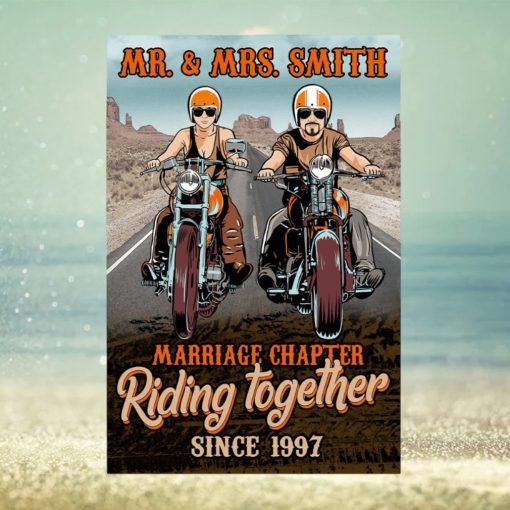 Personalized Biker Couple Poster   Marriage Chapter Riding Together   Desert Highway Background