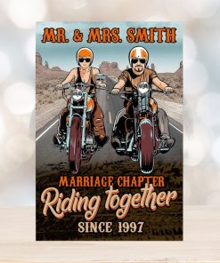 Personalized Biker Couple Poster Marriage Chapter Riding Together Desert Highway Background