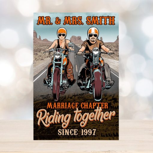 Personalized Biker Couple Poster   Marriage Chapter Riding Together   Desert Highway Background