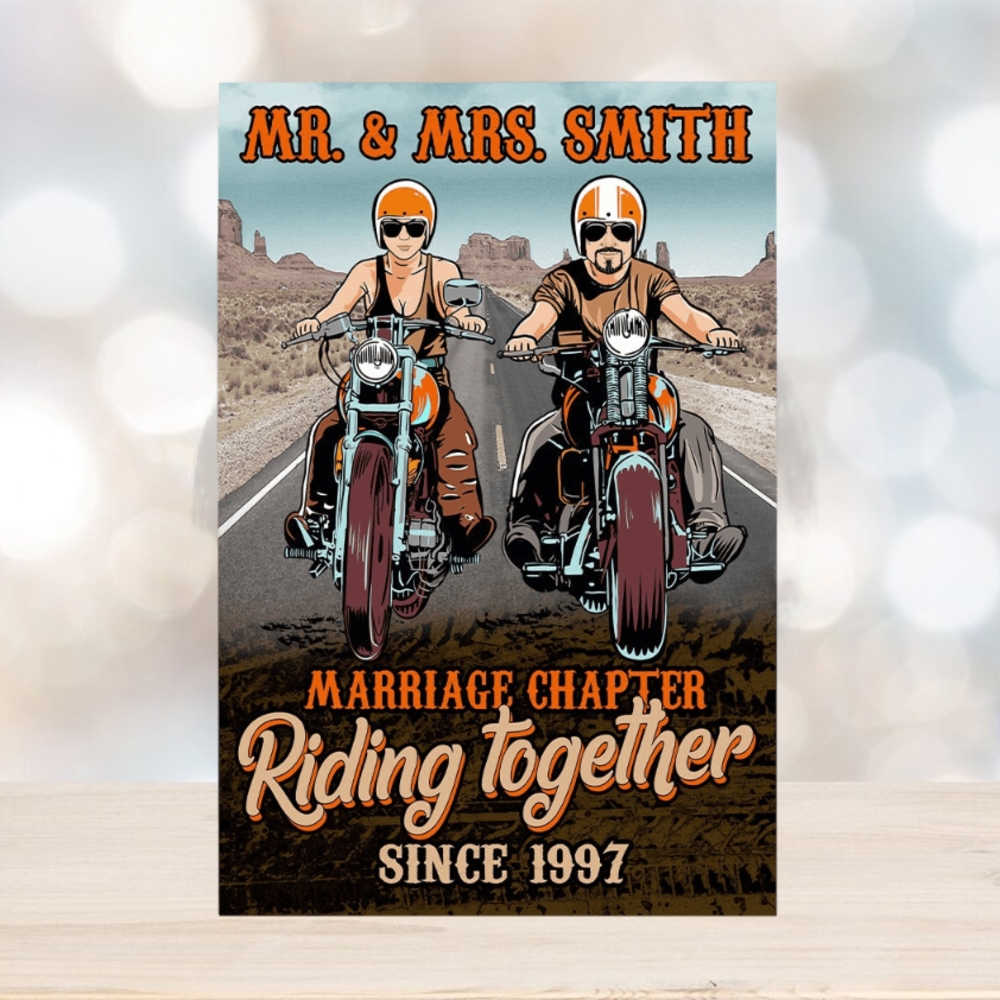 Personalized Biker Couple Poster Marriage Chapter Riding Together Desert Highway Background Personalized Biker Couple Poster Marriage Chapter Riding Together Desert Highway Background