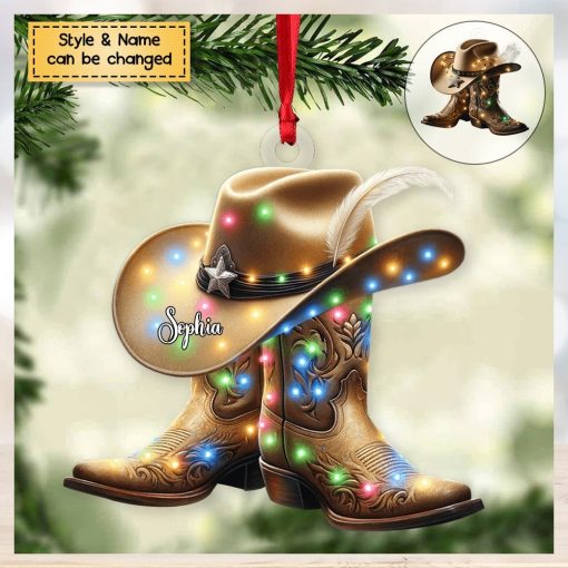 Personalized Boots And Hat Cowboy Flat Personalized Acrylic Christmas Ornament