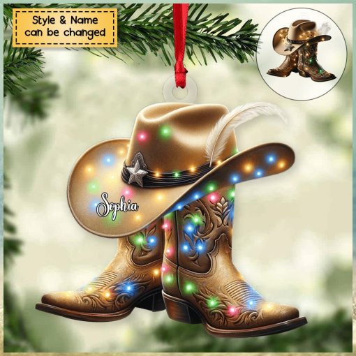 Personalized Boots And Hat Cowboy Flat Personalized Acrylic Christmas Ornament