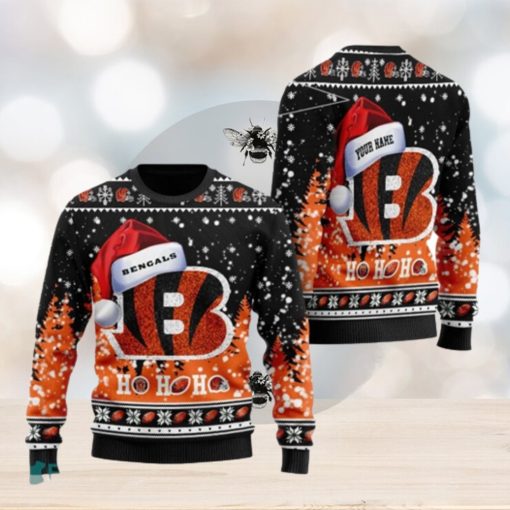 Personalized Cincinnati Bengals Symbol Wearing Santa Claus Hat Ho Ho Ho Ugly Christmas Sweaters