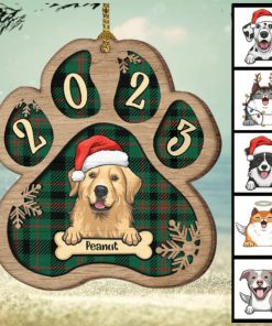 Personalized Custom Paw Shaped Wood Christmas Ornament   Dog, Cat And Snow   Plaid Buffalo Pattern   Customized Decoration Upload Image, Gift For Pet Lovers