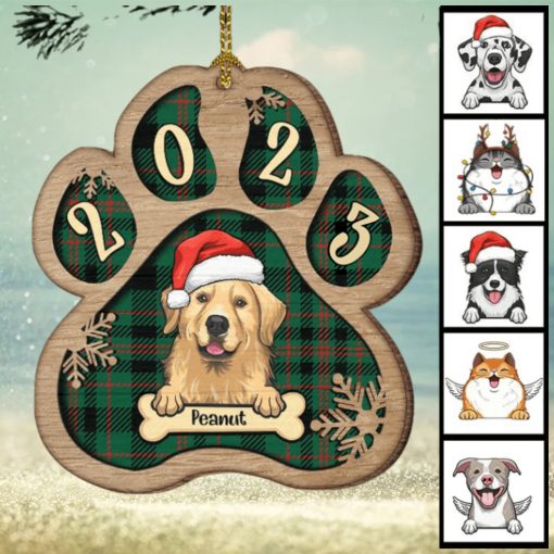 Personalized Custom Paw Shaped Wood Christmas Ornament   Dog, Cat And Snow   Plaid Buffalo Pattern   Customized Decoration Upload Image, Gift For Pet Lovers