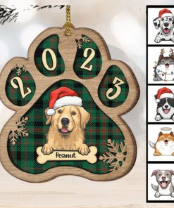 Personalized Custom Paw Shaped Wood Christmas Ornament Dog, Cat And Snow Plaid Buffalo Pattern Customized Decoration Upload Image, Gift For Pet Lovers