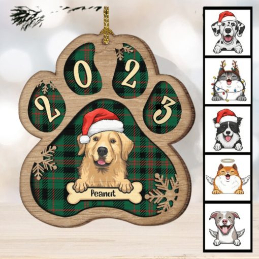 Personalized Custom Paw Shaped Wood Christmas Ornament   Dog, Cat And Snow   Plaid Buffalo Pattern   Customized Decoration Upload Image, Gift For Pet Lovers