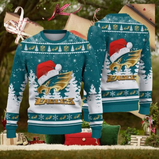 Philadelphia Eagles Logo Golden Fans Santa Hat Tree Ugly Christmas 3D Sweater