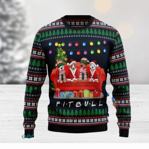 Pit Bull Friends On Red Sofa Ugly Christmas Sweaters Gift For Men Women