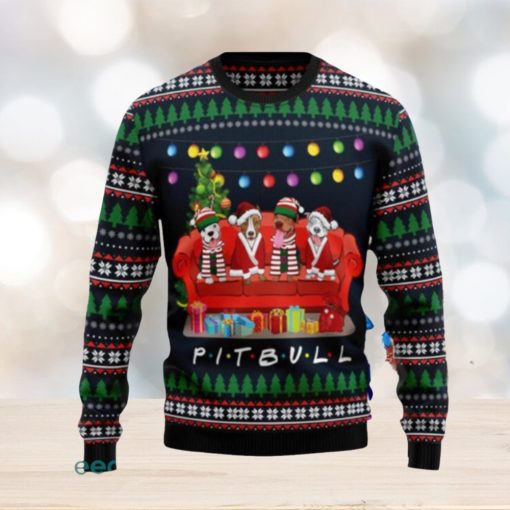 Pit Bull Friends On Red Sofa Ugly Christmas Sweaters Gift For Men Women